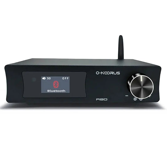 O-NOORUS A80, a MA12070*2 Hi-Fi stereo amplifier with HDMI eARC/ARC, Bluetooth 5.0, USB, optical, coaxial and RCA inputs, HPF/LPF crossover, and 3-band EQ for TV and desktop audio.