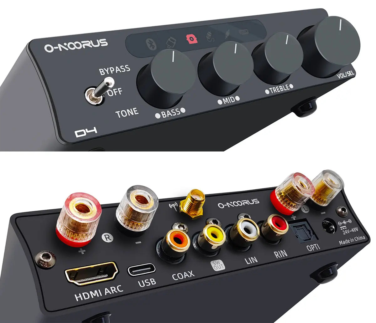 O-NOORUS D4 TPA3255 PFFB stereo amplifier with HDMI ARC Bluetooth USB Optical Coaxial RCA input, bass, middle, and treble tone and bypass onoorus audio