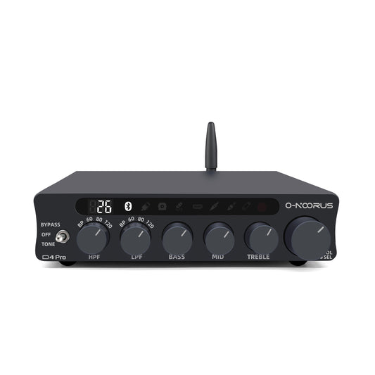 O-NOORUS D4 PRO TPA3255 PFFB stereo HPF LPF Amplifier with Balance HDMI ARC Bluetooth USB Optical Coaxial RCA input, 3-Band stereo EQ tone and bypass Onoorus Audio