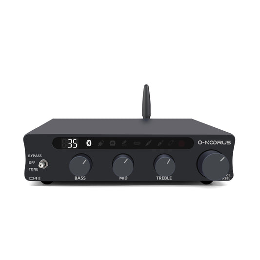 Black wireless Bluetooth audio receiver with digital display showing '36', featuring control buttons and O-NOORUS branding, compact design