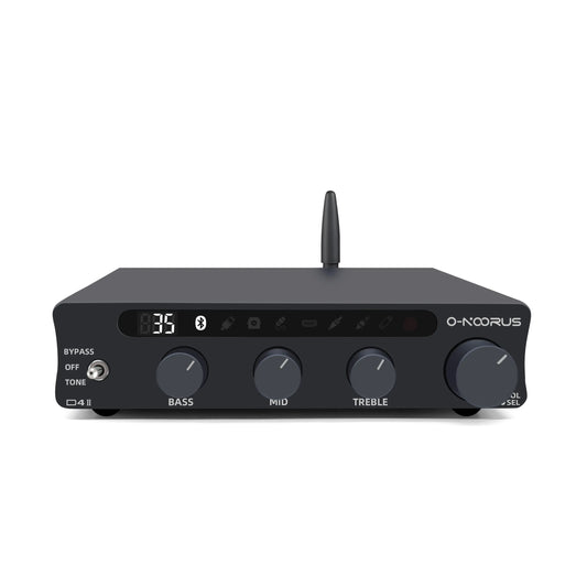Black wireless Bluetooth audio receiver with digital display showing '36', featuring control buttons and O-NOORUS branding, compact design