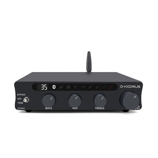 O-NOORUS D4 II TPA3255 PFFB stereo amplifier with HDMI ARC Bluetooth USB Optical Coaxial RCA input, bass, middle, and treble tone and bypass
