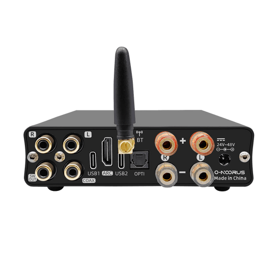 Black audio amplifier with multiple RCA, HDMI, USB, optical, and coaxial input ports, featuring a prominent antenna for wireless connectivity, labeled with various input options and made in China.