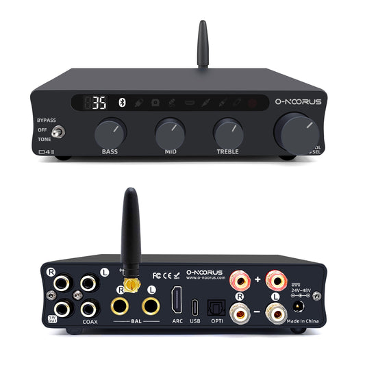 O-NOORUS D4 II TPA3255 PFFB stereo amplifier with HDMI ARC Bluetooth USB Optical Coaxial RCA input, bass, middle, and treble tone and bypass