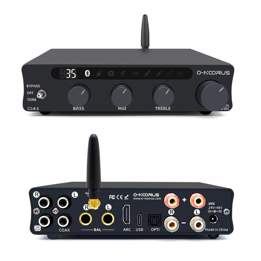 O-NOORUS D4 TPA3255 stereo amplifier 300Wx2 with HDMI ARC/Bluetooth/USB/optical/coaxial/RCA input, with adjustable treble, middle,bass and bypass onoorus audio