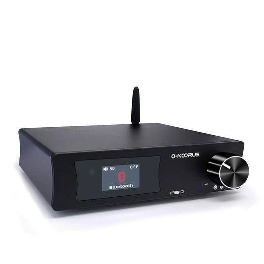 O-NOORUS A80, a MA12070*2 Hi-Fi stereo amplifier with HDMI eARC/ARC, Bluetooth 5.0, USB, optical, coaxial and RCA inputs, HPF/LPF crossover, and 3-band EQ for TV and desktop audio.