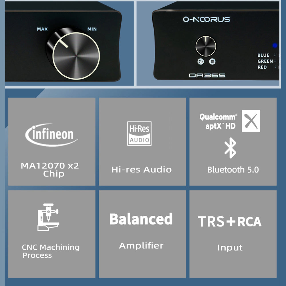 O-NOORUS OA36S Dual MA12070x2 Fully Balanced HIFI Class D Power Amplifier Bluetooth 5.0 Speaker Receiver Aptx RCA TRS Input