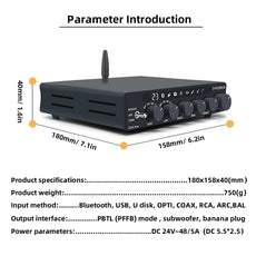 O-NOORUS D4 PRO TPA3255 PFFB Stereo High-pass filter and Low-pass filter Amplifier with Balance HDMI ARC Bluetooth USB Optical Coaxial RCA input, 3-Band Stereo EQ Tone and Bypass