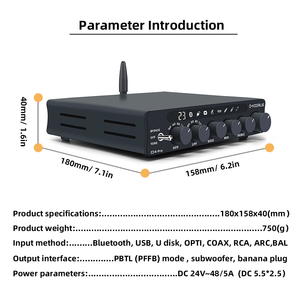 O-NOORUS D4 PRO TPA3255 PFFB Stereo High-pass filter and Low-pass filter Amplifier with Balance HDMI ARC Bluetooth USB Optical Coaxial RCA input, 3-Band Stereo EQ Tone and Bypass