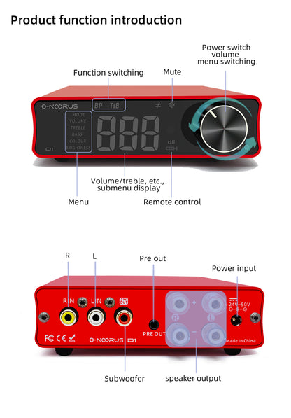 O-NOORUS D1 TPA3255 PFFB Stereo Power Amplifier 300Wx2 with Treble Bass Tone,Subwoofer,Pre-out, for Home Theater