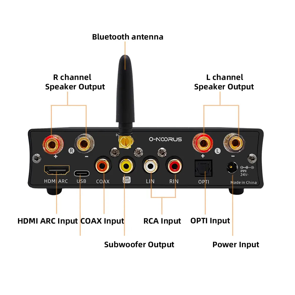 O-NOORUS A80, a MA12070*2 Hi-Fi stereo amplifier with HDMI eARC/ARC, Bluetooth 5.0, USB, optical, coaxial and RCA inputs, HPF/LPF crossover, and 3-band EQ for TV and desktop audio.