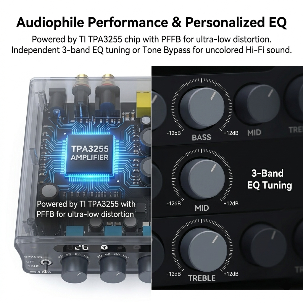 O-NOORUS D4 PRO TPA3255 PFFB Stereo High-pass filter and Low-pass filter Amplifier with Balance HDMI ARC Bluetooth USB Optical Coaxial RCA input, 3-Band Stereo EQ Tone and Bypass