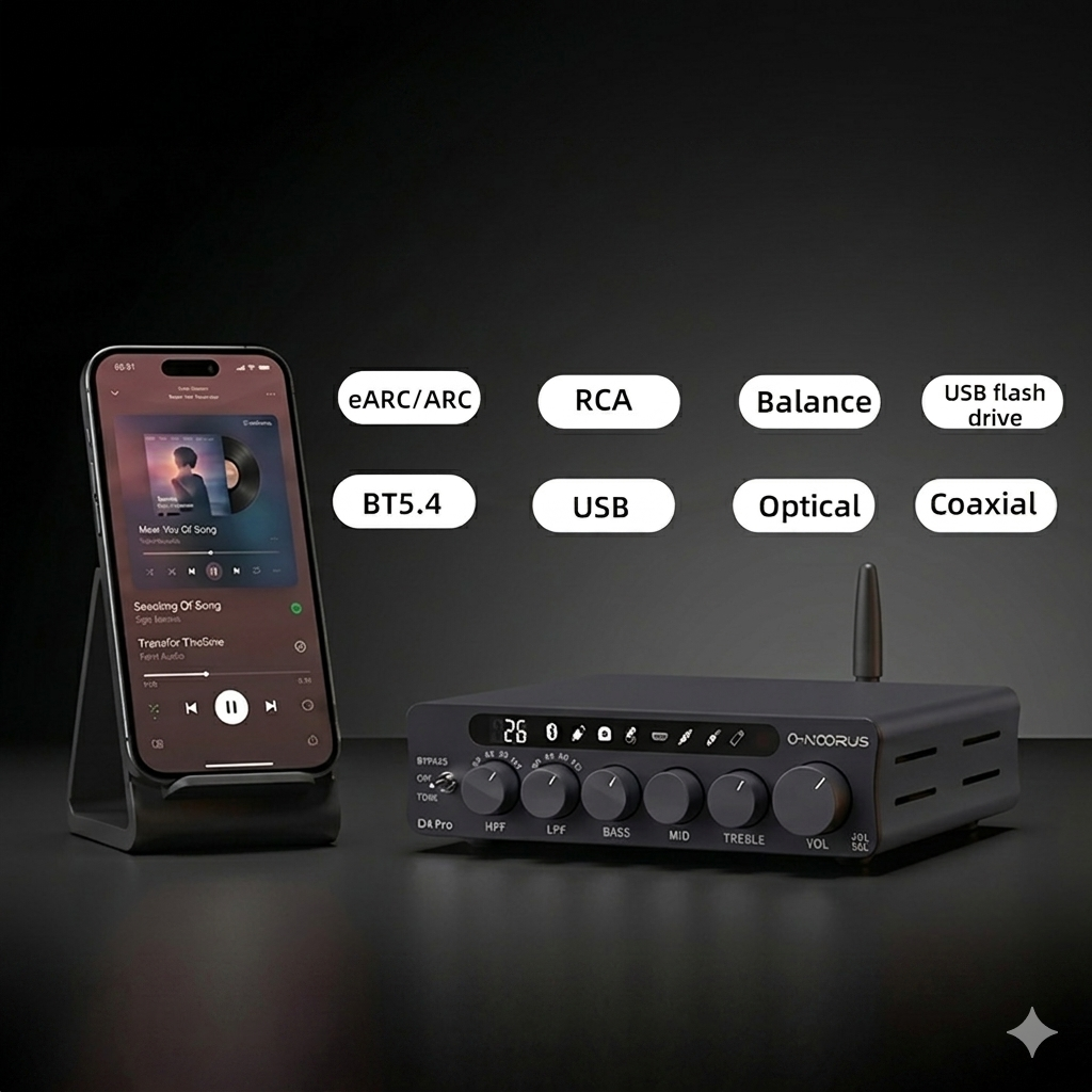 O-NOORUS D4 PRO TPA3255 PFFB Stereo High-pass filter and Low-pass filter Amplifier with Balance HDMI ARC Bluetooth USB Optical Coaxial RCA input, 3-Band Stereo EQ Tone and Bypass