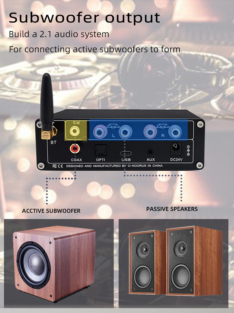O-NOORUS DA10 HI-FI Audio Stereo Amplifier with Bluetooth 5.2 Supports Apt-X USB Amp DSP Full Digital Power AMP 2.1 for Speaker